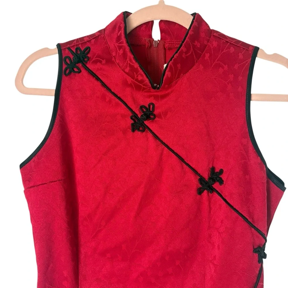 Vintage Red Qipao Mandarin Collar Mini Dress Frog Closures Sz Medium Made In USA - Picture 3 of 15